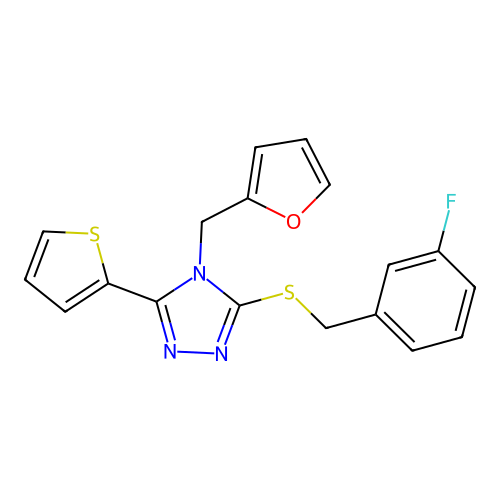 3-[(3-Fluorophenyl)methylthio]-4-(2-furylmethyl)-5-(2-thienyl)-1,2,4-triazole structure