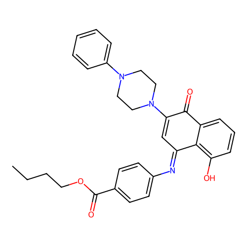 (E)-butyl 4-((8-hydroxy-4-oxo-3-(4-phenylpiperazin-1-yl)naphthalen-1(4H)-ylidene)amino)benzoate structure
