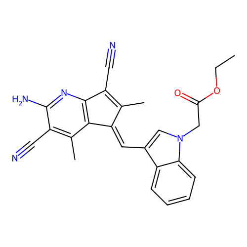 (E)-ethyl 2-(3-((2-amino-3,7-dicyano-4,6-dimethyl-5H-cyclopenta[b]pyridin-5-ylidene)methyl)-1H-indol-1-yl)acetate structure