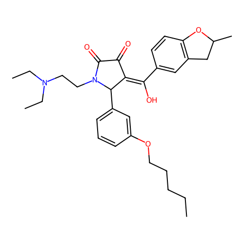 (4E)-1-(2-diethylaminoethyl)-4-[hydroxy-(2-methyl-2,3-dihydro-1-benzofuran-5-yl)methylidene]-5-(3-pentoxyphenyl)pyrrolidine-2,3-dione structure