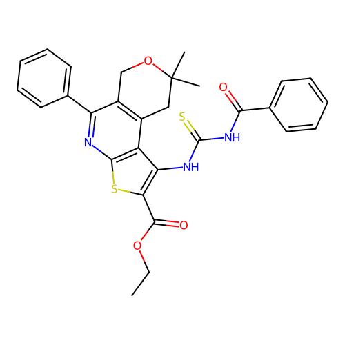 ethyl 1-(3-benzoylthioureido)-8,8-dimethyl-5-phenyl-8,9-dihydro-6H-pyrano[4,3-d]thieno[2,3-b]pyridine-2-carboxylate structure