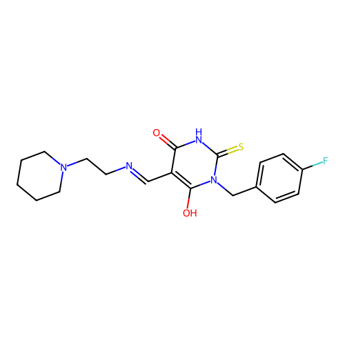 (5E)-1-[(4-fluorophenyl)methyl]-5-[(2-piperidin-1-ylethylamino)methylidene]-2-sulfanylidene-1,3-diazinane-4,6-dione structure
