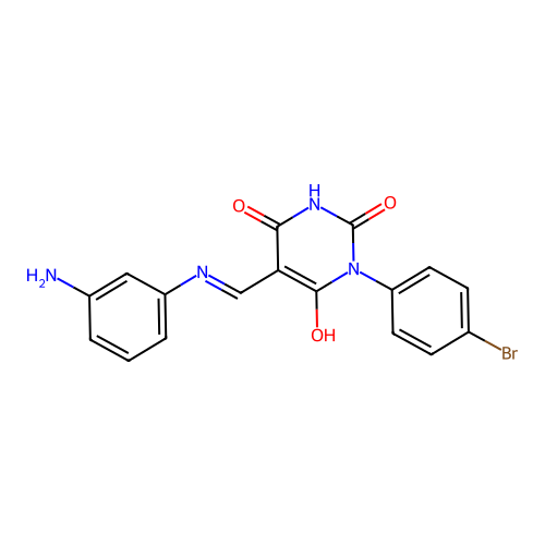 (5E)-5-[(3-aminoanilino)methylidene]-1-(4-bromophenyl)-1,3-diazinane-2,4,6-trione structure
