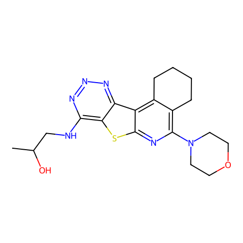 1-((5-morpholino-1,2,3,4-tetrahydro-[1,2,3]triazino[4',5':4,5]thieno[2,3-c]isoquinolin-8-yl)amino)propan-2-ol structure