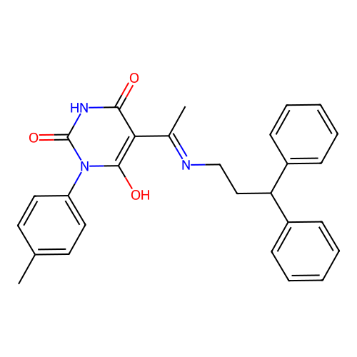 5-[1-(3,3-diphenylpropylamino)ethylidene]-1-(4-methylphenyl)-1,3-diazinane-2,4,6-trione structure