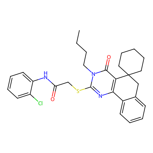 2-((3-butyl-4-oxo-4,6-dihydro-3H-spiro[benzo[h]quinazoline-5,1'-cyclohexan]-2-yl)thio)-N-(2-chlorophenyl)acetamide structure