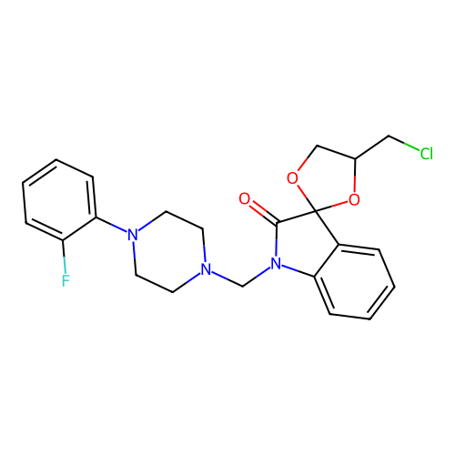 4-(chloromethyl)-1'-((4-(2-fluorophenyl)piperazin-1-yl)methyl)spiro[[1,3]dioxolane-2,3'-indolin]-2'-one structure