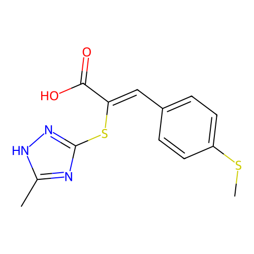 (Z)-2-((5-methyl-4H-1,2,4-triazol-3-yl)thio)-3-(4-(methylthio)phenyl)acrylic acid structure