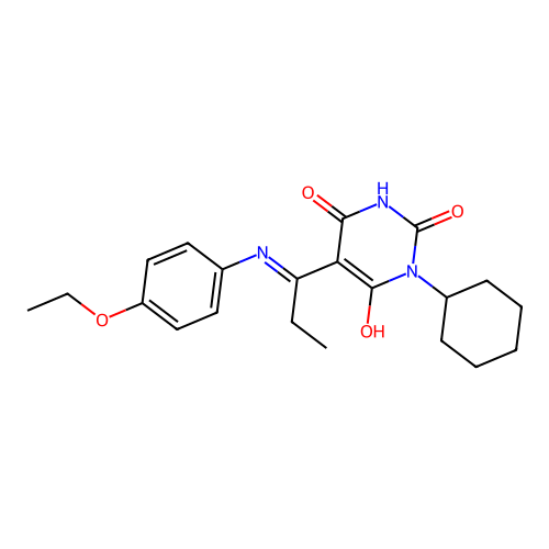 (E)-1-cyclohexyl-5-(1-((4-ethoxyphenyl)amino)propylidene)pyrimidine-2,4,6(1H,3H,5H)-trione structure