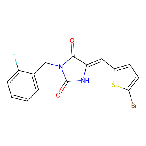(Z)-5-((5-bromothiophen-2-yl)methylene)-3-(2-fluorobenzyl)imidazolidine-2,4-dione structure
