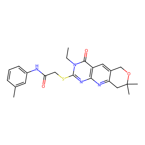 2-((3-ethyl-8,8-dimethyl-4-oxo-4,6,8,9-tetrahydro-3H-pyrano[3',4':5,6]pyrido[2,3-d]pyrimidin-2-yl)thio)-N-(m-tolyl)acetamide structure