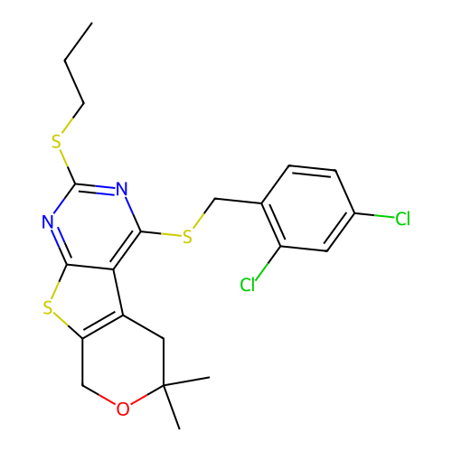 4-((2,4-dichlorobenzyl)thio)-6,6-dimethyl-2-(propylthio)-6,8-dihydro-5H-pyrano[4',3':4,5]thieno[2,3-d]pyrimidine structure
