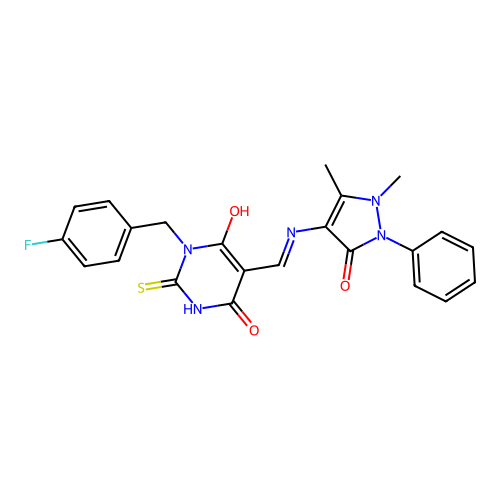 (E)-5-(((1,5-dimethyl-3-oxo-2-phenyl-2,3-dihydro-1H-pyrazol-4-yl)amino)methylene)-1-(4-fluorobenzyl)-2-thioxodihydropyrimidine-4,6(1H,5H)-dione structure