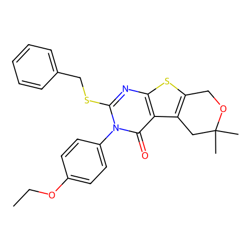 2-(benzylsulfanyl)-3-(4-ethoxyphenyl)-6,6-dimethyl-3,5,6,8-tetrahydro-4H-pyrano[4',3':4,5]thieno[2,3-d]pyrimidin-4-one structure