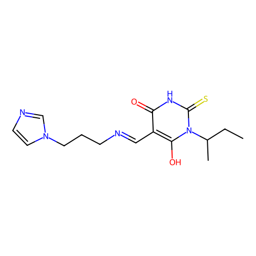 1-butan-2-yl-5-[(3-imidazol-1-ylpropylamino)methylidene]-2-sulfanylidene-1,3-diazinane-4,6-dione structure