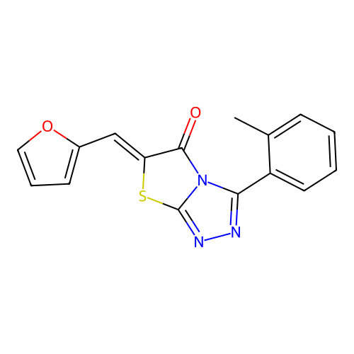 (6Z)-6-(furan-2-ylmethylidene)-3-(2-methylphenyl)[1,3]thiazolo[2,3-c][1,2,4]triazol-5(6H)-one structure