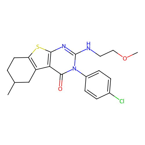 3-(4-chlorophenyl)-2-((2-methoxyethyl)amino)-6-methyl-5,6,7,8-tetrahydrobenzo[4,5]thieno[2,3-d]pyrimidin-4(3H)-one structure
