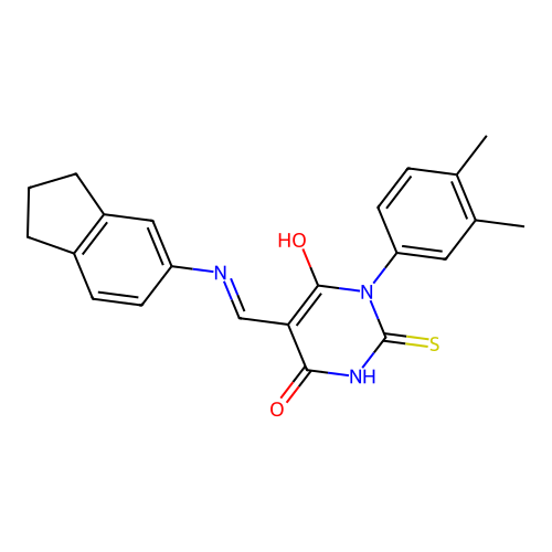 (5E)-5-[(2,3-dihydro-1H-inden-5-ylamino)methylidene]-1-(3,4-dimethylphenyl)-2-sulfanylidene-1,3-diazinane-4,6-dione structure