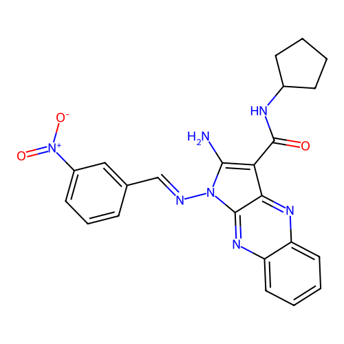 (E)-2-amino-N-cyclopentyl-1-((3-nitrobenzylidene)amino)-1H-pyrrolo[2,3-b]quinoxaline-3-carboxamide structure