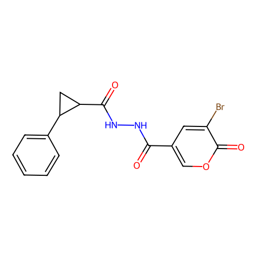3-bromo-2-oxo-N'-[(2-phenylcyclopropyl)carbonyl]-2H-pyran-5-carbohydrazide structure