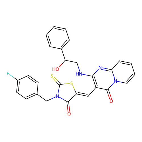 3-{(Z)-[3-(4-fluorobenzyl)-4-oxo-2-thioxo-1,3-thiazolidin-5-ylidene]methyl}-2-[(2-hydroxy-2-phenylethyl)amino]-4H-pyrido[1,2-a]pyrimidin-4-one structure