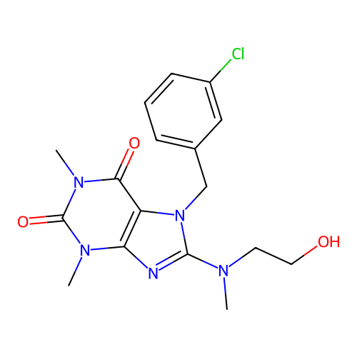 7-[(3-chlorophenyl)methyl]-8-(2-hydroxyethyl-methyl-amino)-1,3-dimethyl-purine-2,6-dione structure