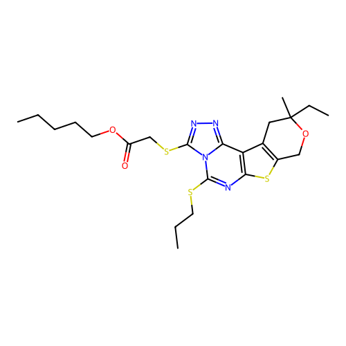 pentyl {[10-ethyl-10-methyl-5-(propylsulfanyl)-10,11-dihydro-8H-pyrano[4',3':4,5]thieno[3,2-e][1,2,4]triazolo[4,3-c]pyrimidin-3-yl]sulfanyl}acetate structure