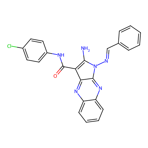2-amino-1-[(E)-benzylideneamino]-N-(4-chlorophenyl)pyrrolo[3,2-b]quinoxaline-3-carboxamide structure