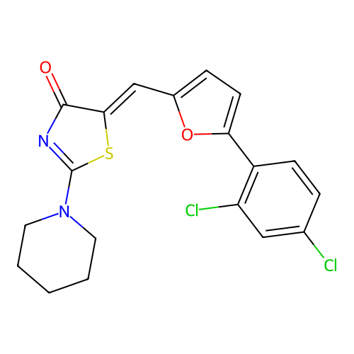 (Z)-5-((5-(2,4-dichlorophenyl)furan-2-yl)methylene)-2-(piperidin-1-yl)thiazol-4(5H)-one structure