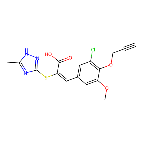 (2E)-3-[3-chloro-5-methoxy-4-(prop-2-yn-1-yloxy)phenyl]-2-[(3-methyl-1H-1,2,4-triazol-4-ium-5-yl)sulfanyl]prop-2-enoate structure
