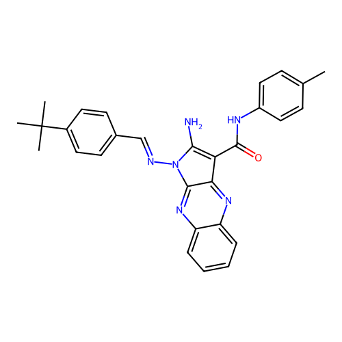 (E)-2-amino-1-((4-(tert-butyl)benzylidene)amino)-N-(p-tolyl)-1H-pyrrolo[2,3-b]quinoxaline-3-carboxamide structure