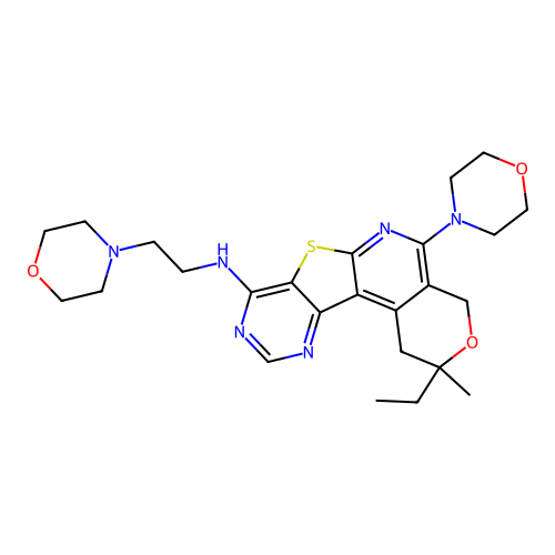2-ethyl-2-methyl-5-(morpholin-4-yl)-N-[2-(morpholin-4-yl)ethyl]-1,4-dihydro-2H-pyrano[4'',3'':4',5']pyrido[3',2':4,5]thieno[3,2-d]pyrimidin-8-amine structure