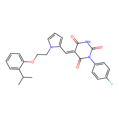 (E)-1-(4-fluorophenyl)-5-((1-(2-(2-isopropylphenoxy)ethyl)-1H-pyrrol-2-yl)methylene)pyrimidine-2,4,6(1H,3H,5H)-trione structure