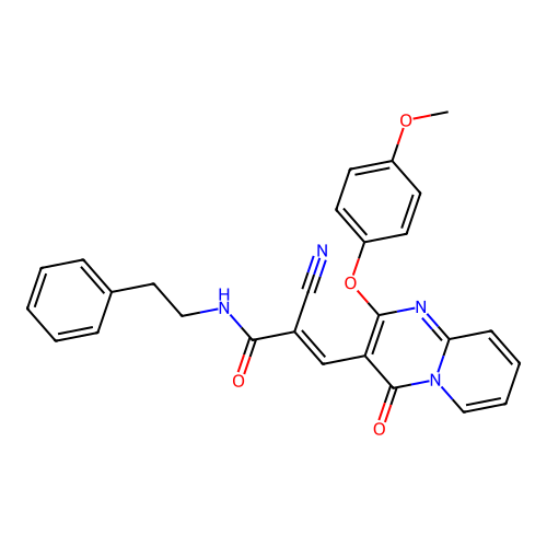 (2E)-2-cyano-3-[2-(4-methoxyphenoxy)-4-oxo-4H-pyrido[1,2-a]pyrimidin-3-yl]-N-(2-phenylethyl)prop-2-enamide structure