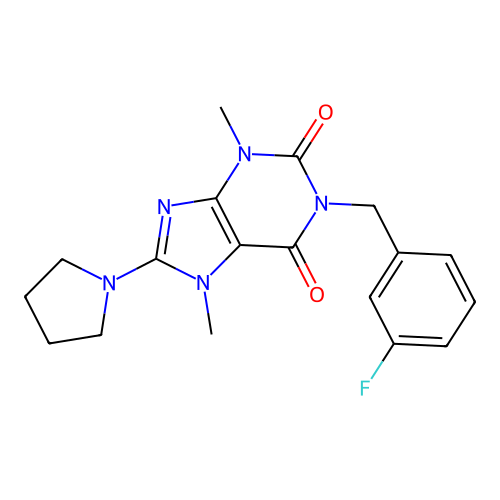 1-[(3-fluorophenyl)methyl]-3,7-dimethyl-8-pyrrolidin-1-ylpurine-2,6-dione structure
