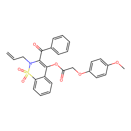 2-allyl-3-benzoyl-1,1-dioxido-2H-1,2-benzothiazin-4-yl (4-methoxyphenoxy)acetate structure