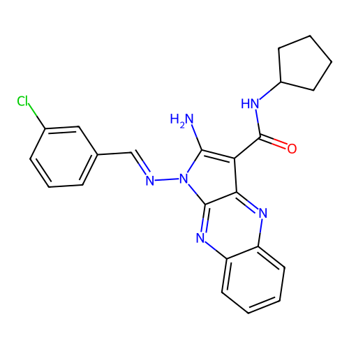 (E)-2-amino-1-((3-chlorobenzylidene)amino)-N-cyclopentyl-1H-pyrrolo[2,3-b]quinoxaline-3-carboxamide structure