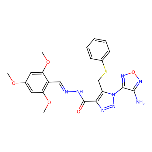 (E)-1-(4-amino-1,2,5-oxadiazol-3-yl)-5-((phenylthio)methyl)-N'-(2,4,6-trimethoxybenzylidene)-1H-1,2,3-triazole-4-carbohydrazide structure