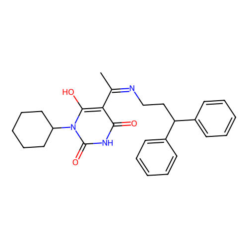 1-cyclohexyl-5-[1-(3,3-diphenylpropylamino)ethylidene]-1,3-diazinane-2,4,6-trione structure