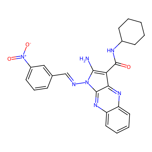 (E)-2-amino-N-cyclohexyl-1-((3-nitrobenzylidene)amino)-1H-pyrrolo[2,3-b]quinoxaline-3-carboxamide structure