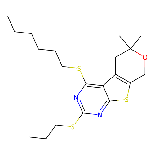 4-(hexylsulfanyl)-6,6-dimethyl-2-(propylsulfanyl)-5,8-dihydro-6H-pyrano[4',3':4,5]thieno[2,3-d]pyrimidine structure