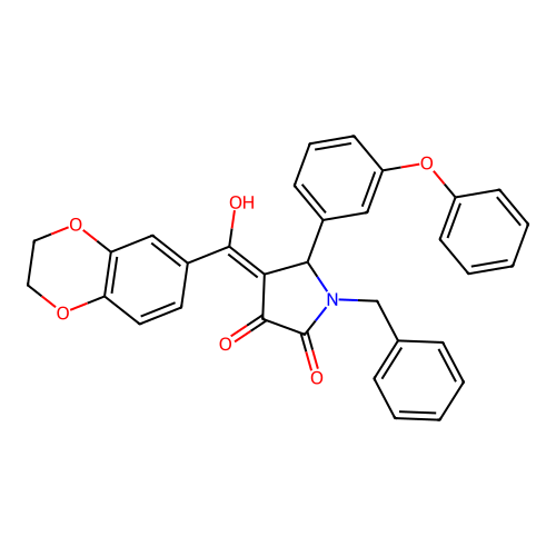 (4E)-1-benzyl-4-[2,3-dihydro-1,4-benzodioxin-6-yl(hydroxy)methylidene]-5-(3-phenoxyphenyl)pyrrolidine-2,3-dione structure