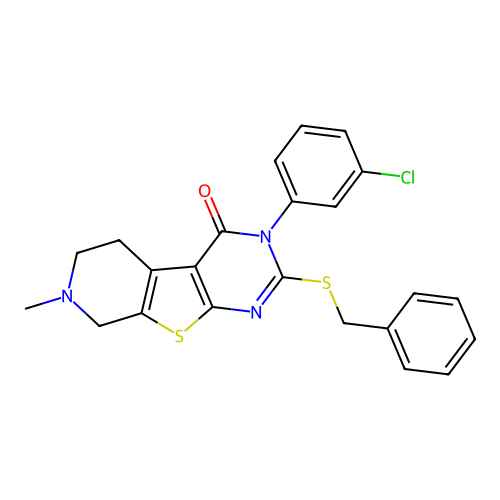2-(benzylsulfanyl)-3-(3-chlorophenyl)-7-methyl-5,6,7,8-tetrahydropyrido[4',3':4,5]thieno[2,3-d]pyrimidin-4(3H)-one structure