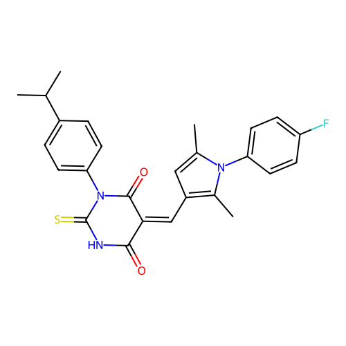 (5Z)-5-[[1-(4-fluorophenyl)-2,5-dimethylpyrrol-3-yl]methylidene]-1-(4-propan-2-ylphenyl)-2-sulfanylidene-1,3-diazinane-4,6-dione structure