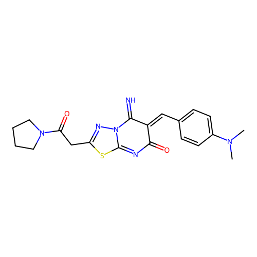 (6Z)-6-[(4-dimethylaminophenyl)methylidene]-5-imino-2-(2-oxo-2-pyrrolidin-1-ylethyl)-[1,3,4]thiadiazolo[3,2-a]pyrimidin-7-one structure