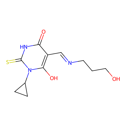 1-cyclopropyl-5-[(3-hydroxypropylamino)methylidene]-2-sulfanylidene-1,3-diazinane-4,6-dione structure