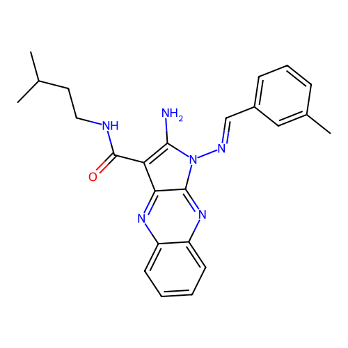 (E)-2-amino-N-isopentyl-1-((3-methylbenzylidene)amino)-1H-pyrrolo[2,3-b]quinoxaline-3-carboxamide structure