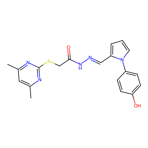 (4,6-Dimethyl-pyrimidin-2-ylsulfanyl)-acetic acid  [1-[1-(4-hydroxy-phenyl)-1H-pyrrol-2-yl]-meth-(E)-ylidene]-hydrazide structure