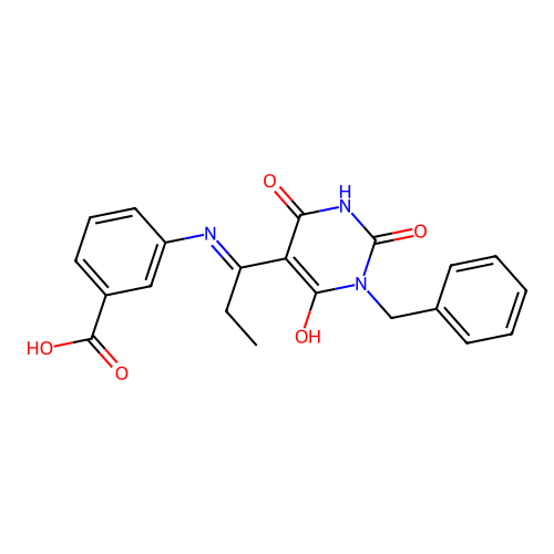 (E)-3-((1-(1-benzyl-2,4,6-trioxotetrahydropyrimidin-5(2H)-ylidene)propyl)amino)benzoic acid structure