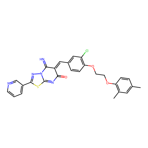 (6Z)-6-[[3-chloro-4-[2-(2,4-dimethylphenoxy)ethoxy]phenyl]methylidene]-5-imino-2-pyridin-3-yl-[1,3,4]thiadiazolo[3,2-a]pyrimidin-7-one structure